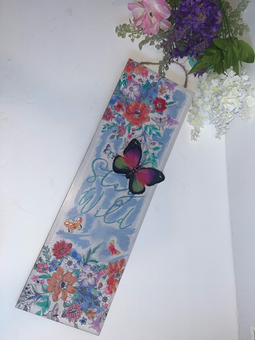 Floral Butterfly hanging Wall sign – Pink & Green Stay Wild Design